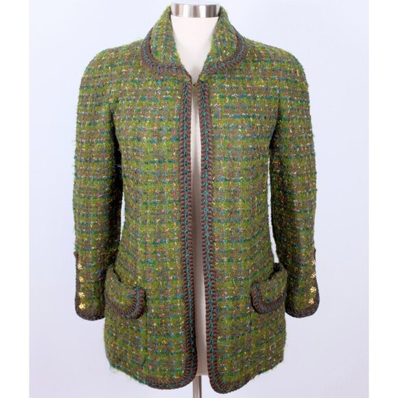 Chanel 1990 long jacket green tweed 40 US 8 vintage open front - Picture 1 of 8